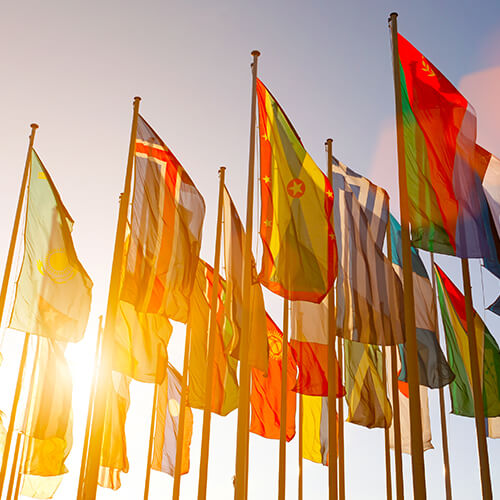 Many different flying flags with the sun shining through them