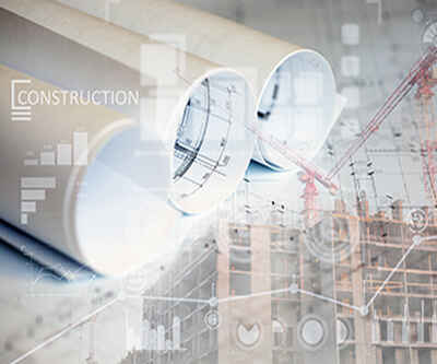 Collage with construction plans and charts