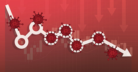 Coronavirus molecules on white circles and arrow, red background with red arrows