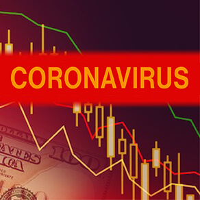 chart with Coronavirus written in Orange on Red background, chart in Yellow and Red with partial $100 bill in background
