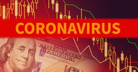 The word Coronavirus in red - Ben Franklin's picture and partial view of $100 bill with colorful graph - indicating how the virus is affecting us financially