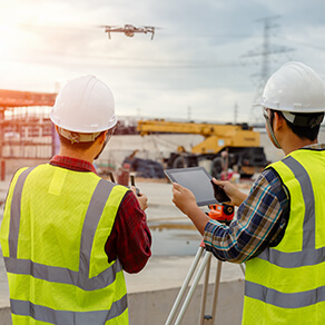 Two construction worker on building site, operating a drone and digital construction technology.