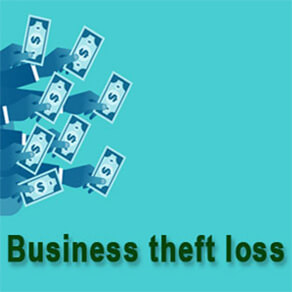 Graphic hands reaching out with dollar bills in them and the words "Business theft loss"