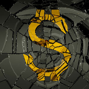 Broken glass with a yellow money symbol painted on it broken as well