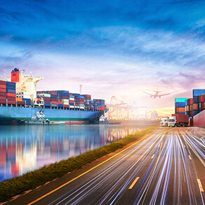 Logistics and transportation of International Container Cargo ship and cargo plane in the ocean at twilight sky, Freight Transportation, Shipping