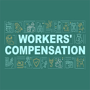 Workers compensation program word concepts banner. Protection employer legal right. Infographics with linear icons on dark green background. Isolated typography. Vector outline RGB color illustration