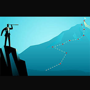 Business concept illustration of a businessman on top of the rock using telescope looking to the top of a mountain. Strategy, planning, forecast in business concept