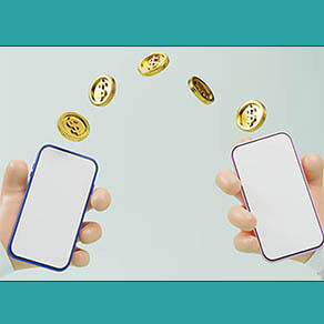 Businessmen hands holding smartphone with dollar coin flowing for money transfer and payment by internet banking service concept from realistic 3d render.