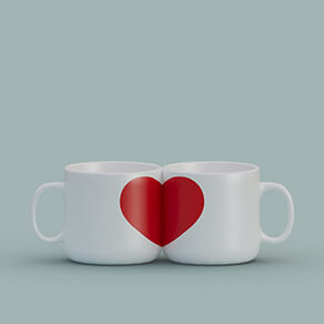 A 3D illustration of two white matching mugs with a red heart on a grayish-blue background