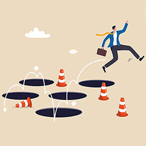 Cartoon image of a business man leaping over pot holes and avoiding construction cones
