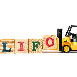 Toy forklift hold letter block o to complete word LIFO (Abbreviation of last in first out) on white background
