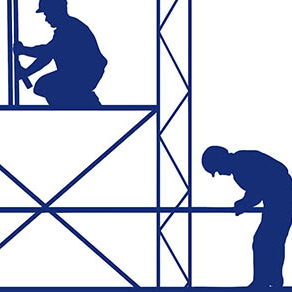 Drawing of two construction workers with on a scaffold
