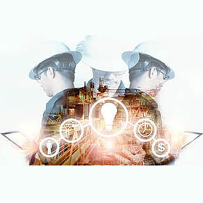Double exposure of Engineer or Technician man with industry tool icons for management business by using tablet with safty helmet & uniform for oil and gas industrial business concept.
