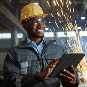 Man with construction hat holding ipad with welding going on behind him
