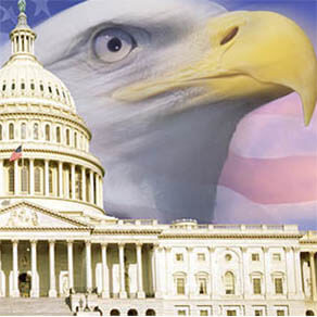 Digital composite: U.S. Capitol with American eagle and flag