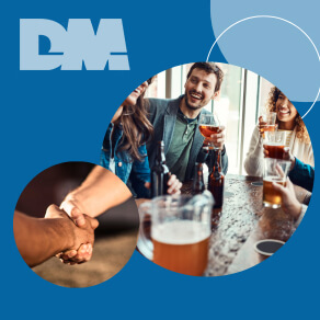 Photo of group of people networking and a photo of shaking hands
