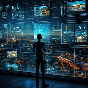 Man standing looking at screens with technology industrial charts and images