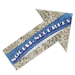 social security goes up as shown by arrow made of twenty dollar bills with rising inflation