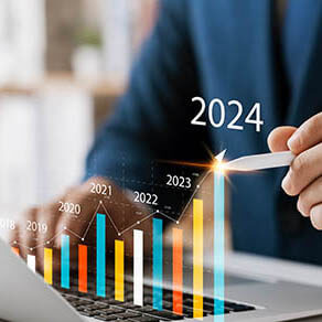 Businessman analyzes profitability of working companies with digital augmented reality graphics, positive indicators in 2024, businessman calculates financial data for long-term investments.