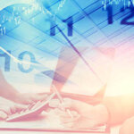 Time clocks overlay with business people work together busy with marketing chart.