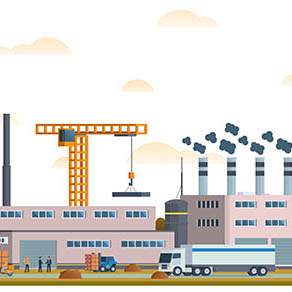 Drawing of a crane lifting an object on to a building with a truck going by