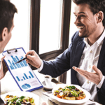Businessmen at dinner discussing charts looking happy