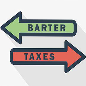 2 arrows pointing in opposite directions, one in green saying barter the other in red saying taxes
