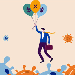 Cartoon business man floating over virus like icons with balloons with dollar and percent signs on them