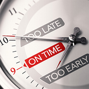 Close up on a conceptual clock with the text early late and on time. Concept of good timing and choosing the right moment. 3D illustration.