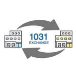 Drawings of two businesses with arrows going from one to the other with the words "1031 exchange" written in the middle