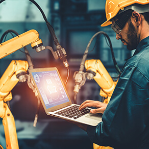 mart industry robot arms for digital factory production technology showing automation manufacturing process of the Industry 4.0 or 4th industrial revolution and IOT software to control operation .