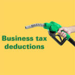 Hands holding Fuel nozzle on yellow background with the words "Business tax deductions" written under it