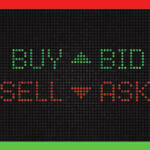 The LED stock sign has the words "buy" and "bid" in green and the words "sell" and "ask" in red.