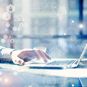 Man Typing Keyboard Laptop Hand.Project Manager Researching Process.Business Team Working Startup modern Office.Global Strategy Virtual Icon.Innovation Graphs Interfaces.Analyze market stock.Blurred