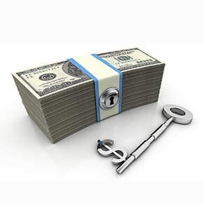 Dollar sign key along with U.S. bills. High quality sharp 3d rendering