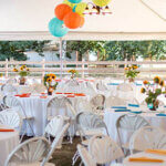 Tables set up for a dinner event.