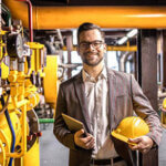 Portrait of young factory manager standing by gas pipeline inside refinery plant.