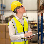 Warehouse staff working at warehouse taking notes on clipboard