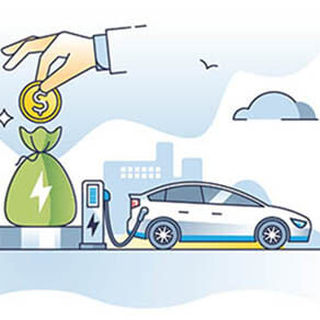 Drawing of electric car plugged in to charging station with a hand putting coins in to a money bag