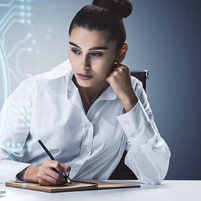 Young businesswoman thinking cryptocurrency investment fraud