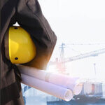 Back of man at a construction site holding hardhat and construction plans
